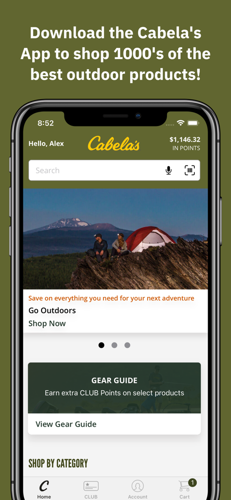 Cabela's mobile app home screen showing outdoor products and club rewards points