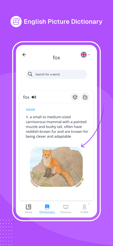 LanGeek |  Learn English - English picture dictionary interface in the LanGeek app showing a definition and illustration of a fox