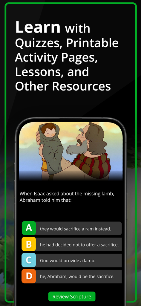 Living Scriptures app educational quiz screen for children