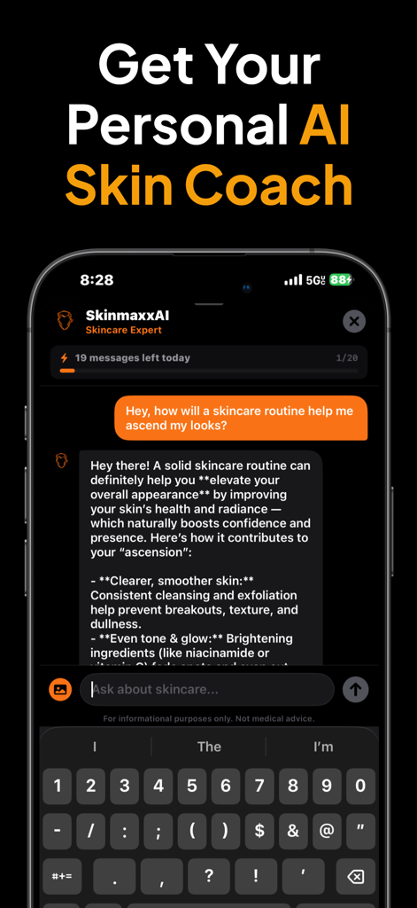 Skinmaxx - Get Scores & Ascend - Screenshot of the Skinmaxx app showing a chat interface with an AI skin coach answering questions about skincare routines