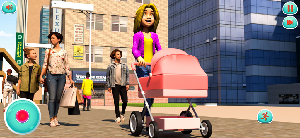Baby Twins Prank Mom Simulator - A character pushing a pink baby stroller in a city street setting within the mom simulator game.