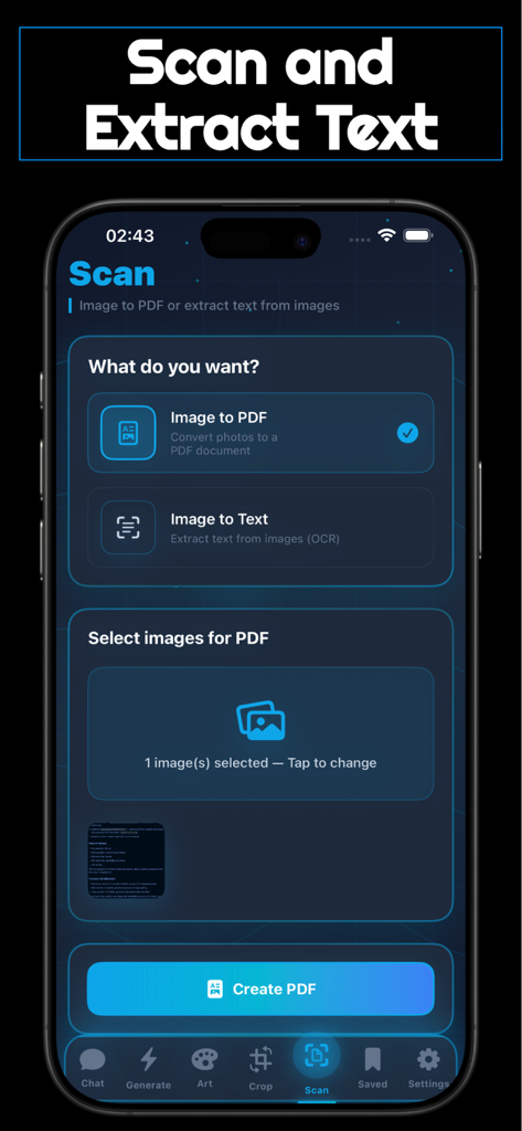 Arena AI Mobile - Arena AI 모바일 앱 스캔 기능을 보여주는 스마트폰 화면으로, 이미지를 PDF로 변환하거나 텍스트를 추출하는 옵션이 있습니다.