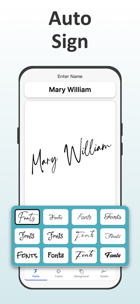 Signature Maker - e Sign App - Mobile app interface showing auto-generated digital signature options for a name with different font styles