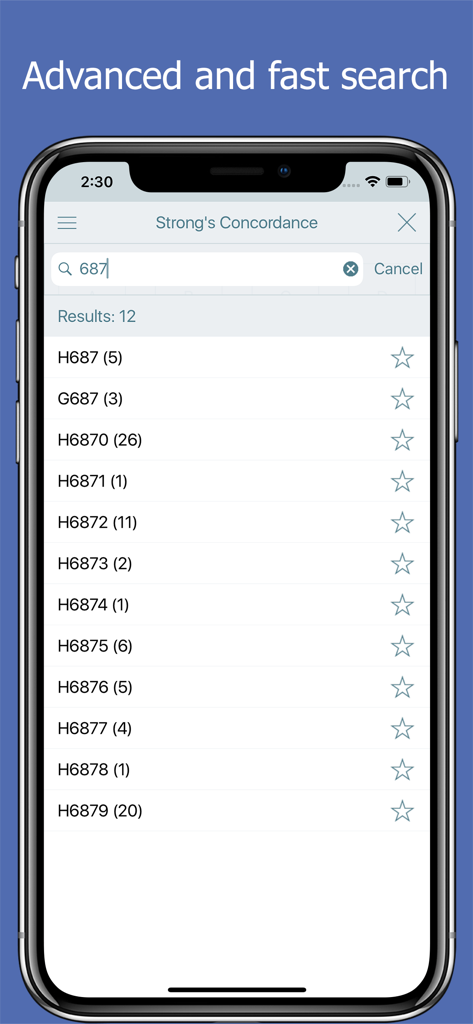 Mobile app screen displaying search results for Strongs Concordance numbers