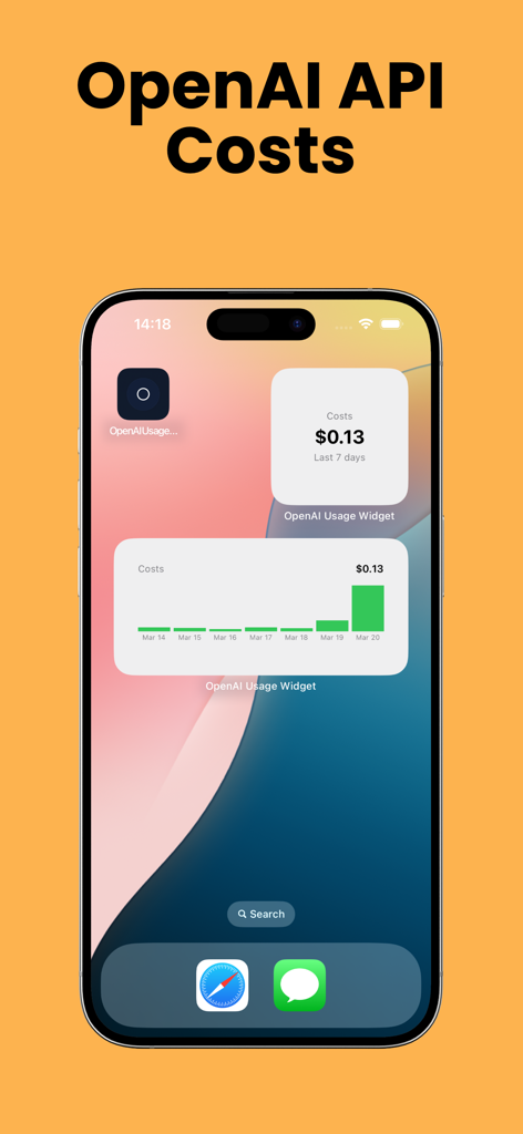 LLM API Costs Widget - iPhone home screen displaying OpenAI API cost tracking widgets with daily usage bar charts