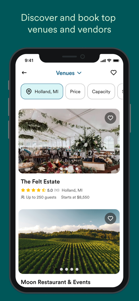 Zola - Wedding Planner - A mobile app interface from Zola showing a list of wedding venues with photos and ratings in Holland Michigan.