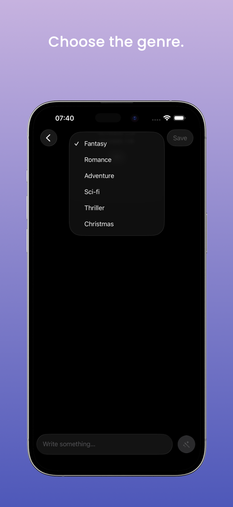 Magic Diary: AI Stories - Interfaz de la aplicación Magic Diary que muestra una lista de géneros de historias para elegir, incluyendo Romance de Fantasía y Aventura