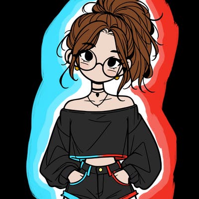 girl with a messy ponytail glasses a baggy crop top and jean shorts