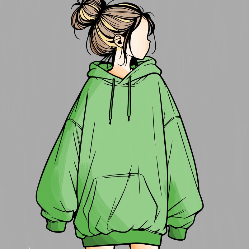 realistic girl with a oversized sweatshirt on and a bun