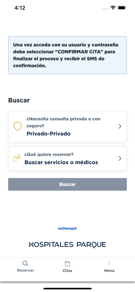 Interfaz de búsqueda de la aplicación Hospitales Parque para reservar citas médicas y encontrar especialistas