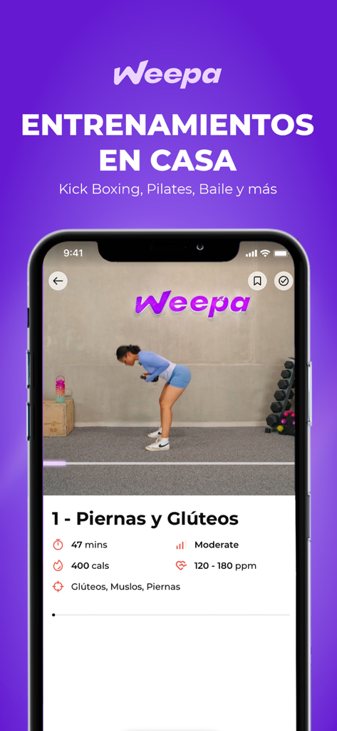 Weepa by Adriana Meaury - Captura de pantalla de la aplicación Weepa mostrando una sesión de entrenamiento en casa para piernas y glúteos con la entrenadora Adriana Meaury.