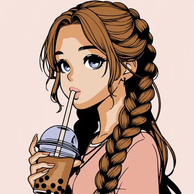realistic girl with braided hair drinking boba