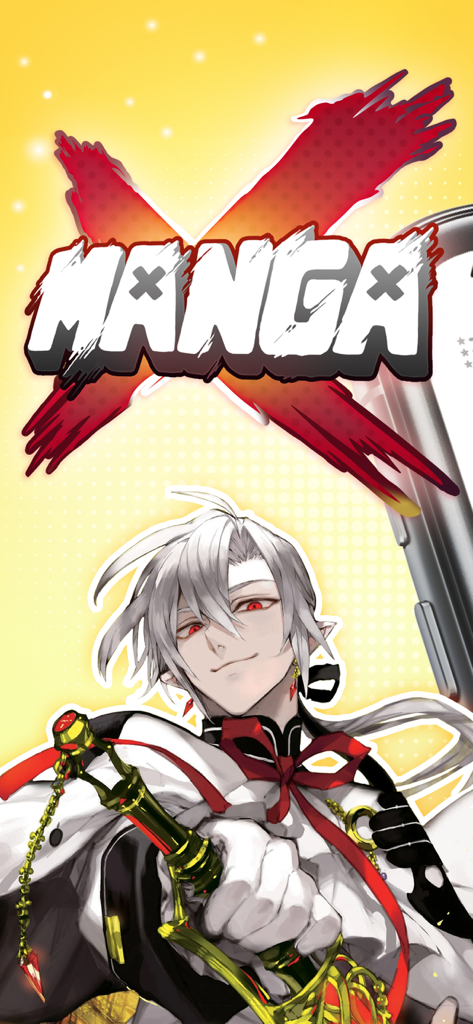 Tela de apresentação do aplicativo Manga Max com um personagem de anime de cabelo branco e um grande logotipo X vermelho