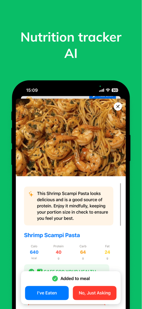 Wellive - GLP-1 Care AI - Wellive app AI nutrition tracker interface analyzing a shrimp scampi meal with calorie and protein data