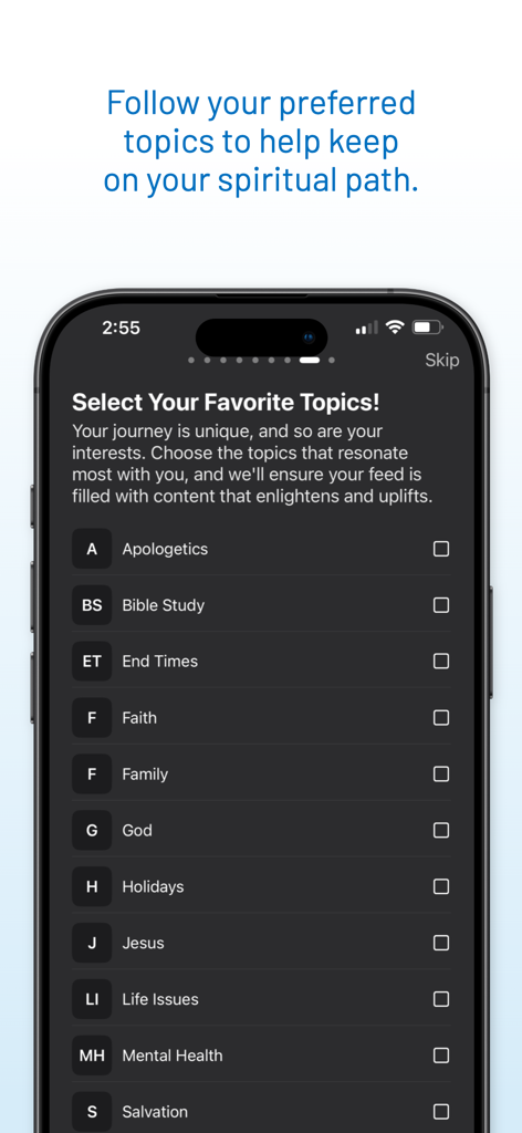A screen in the OnePlace app allowing users to select favorite Christian topics like Bible Study, Faith, and Family to personalize their feed.