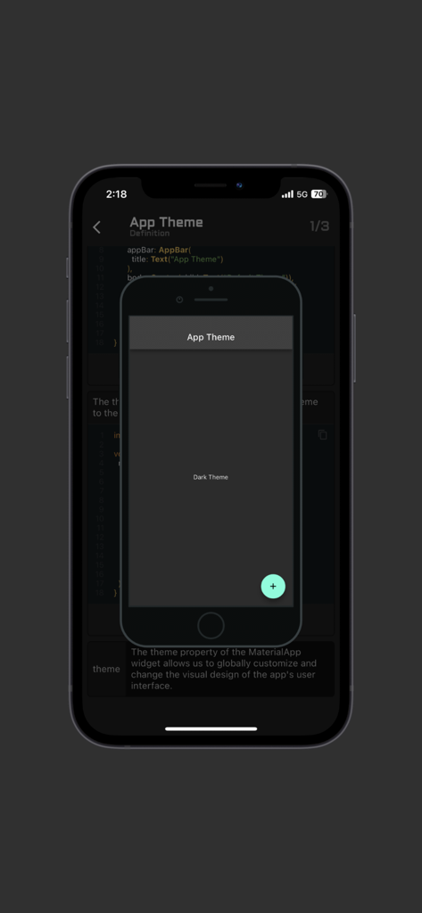 Interfaz de la aplicación FlutterLab Pro que muestra código de tema de Flutter y una vista previa móvil en vivo
