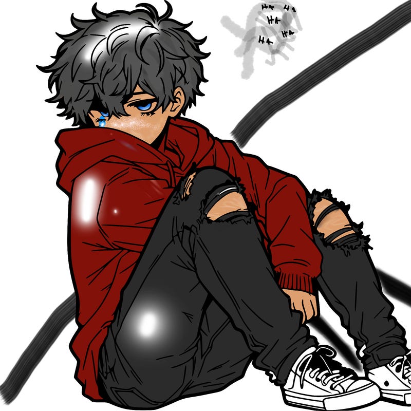a male hoddie ripped jeans messy hair anime