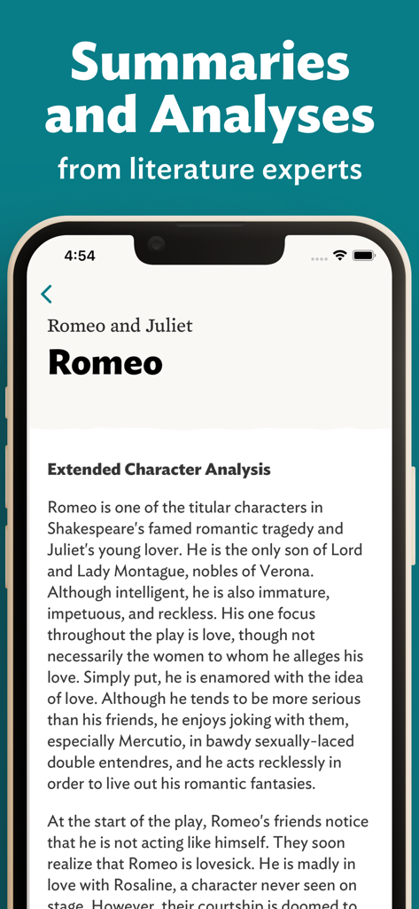 Interface de l'application eNotes présentant une analyse approfondie du personnage de Roméo dans Roméo et Juliette