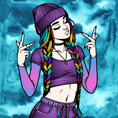 realistic teenage girl with braids and a beanie and crop top doing 🫶🏼