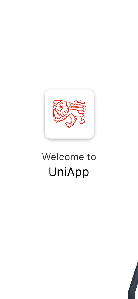 Écran d'accueil de l'application UniApp de l'Université de Tasmanie avec le logo du blason du lion rouge.