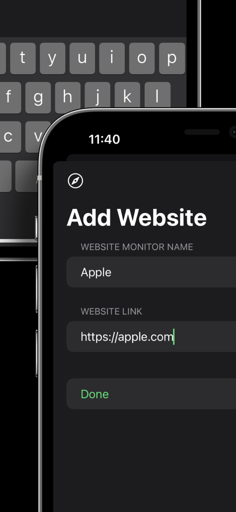 Interface para adicionar um novo URL de website para monitorar no aplicativo Web Monitor