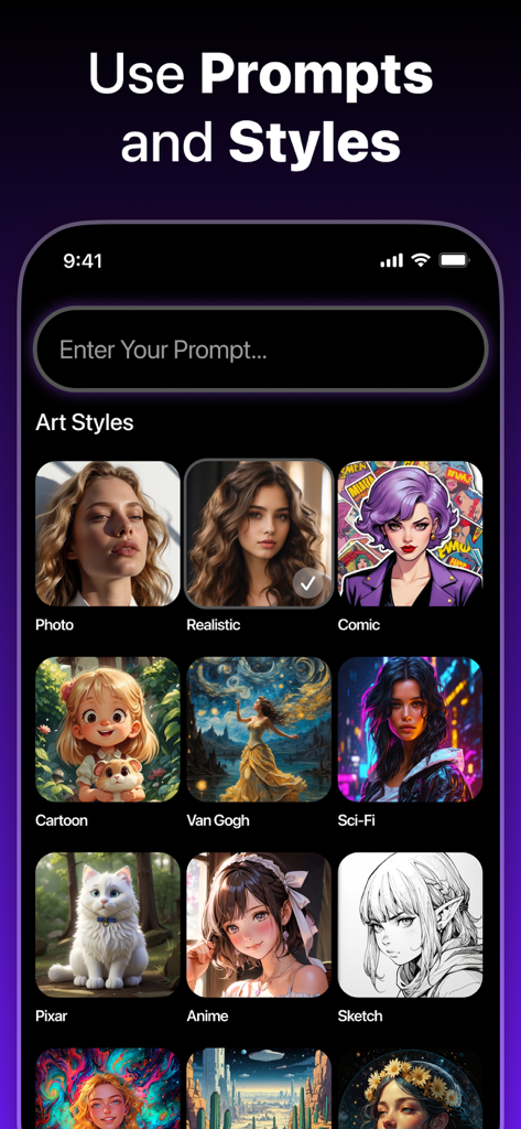 AI Image Generator - Art Photo - Interfaz de una aplicación generadora de arte IA que muestra un campo de entrada de indicaciones y varios estilos de arte seleccionables como Comic Realista y Anime.