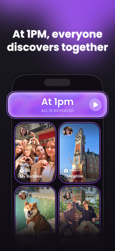 Interface of the Buddies app showing a grid of candid photos from friends revealed at 1 PM