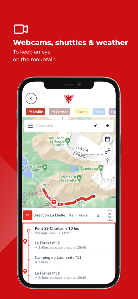 Val d'Isère Ski - Val dIsere Ski app interface showing real-time shuttle tracking and interactive resort map