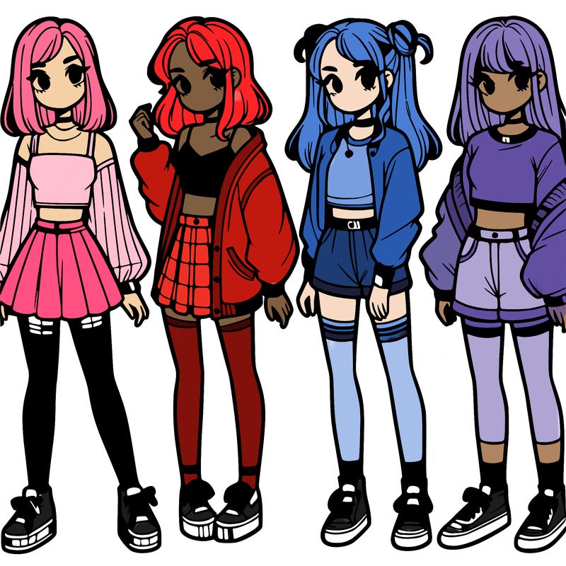 one girl with crop-top shirt and a jacket with a skirt, long socks and another girl with a shirt and pants with a jacket