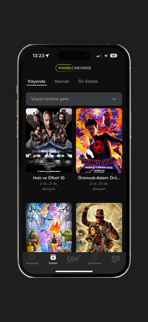 Cineverse - Cineverse app interface showing currently playing movies and theater options