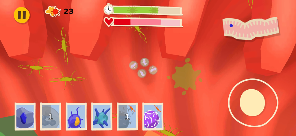 A gameplay screenshot of Cells in Action showing heroic immune cells defending the intestines against viruses and bacteria