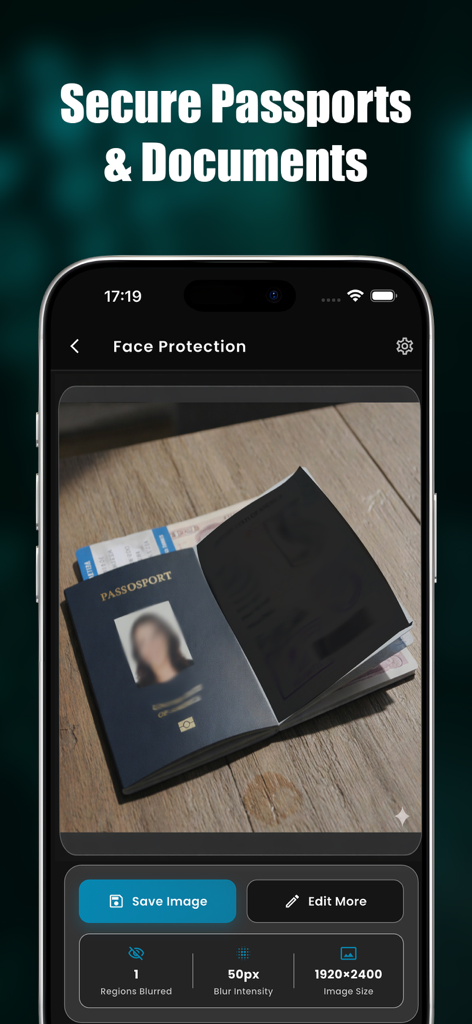 Smartphone interface of PrivacyBlur app showing a passport with the face and sensitive information blurred for privacy protection.
