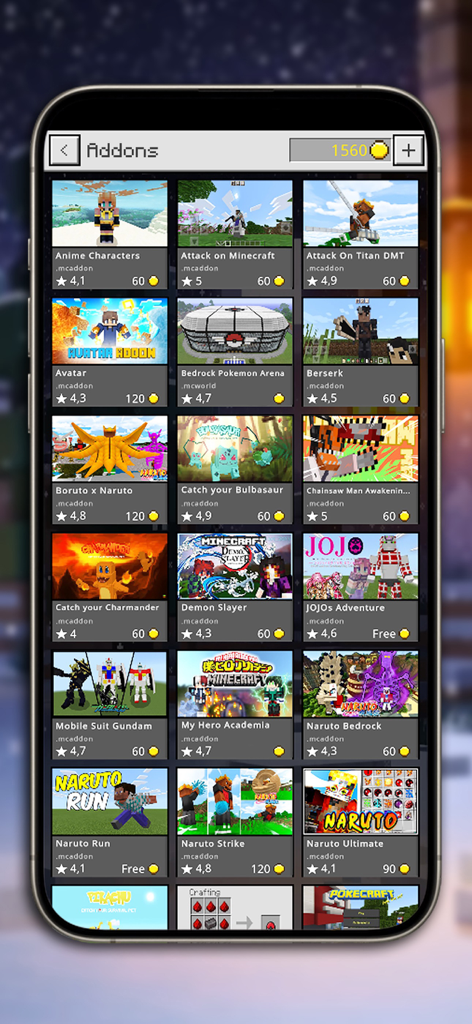 Mods, Addons & Skins Hub - A menu in the Mods Addons and Skins Hub app showing a list of Minecraft Bedrock addons for anime characters and Pokemon.