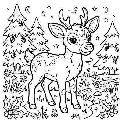 Meet our charming reindeer calf, ready for a splash of color! This delightful scene, set in a cozy winter forest, is perfect for little artists to explore their creativity.