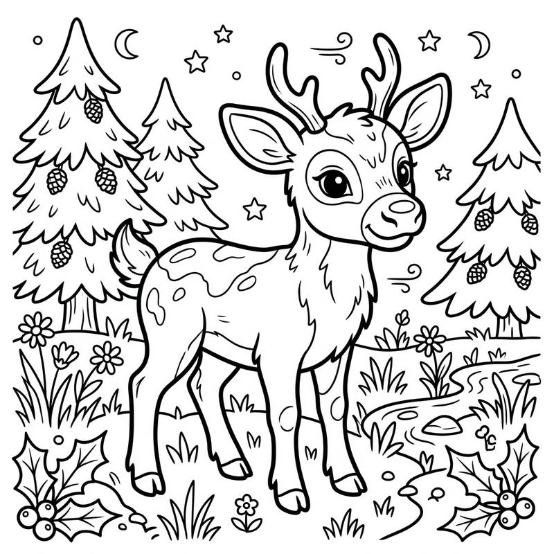 Meet our charming reindeer calf, ready for a splash of color! This delightful scene, set in a cozy winter forest, is perfect for little artists to explore their creativity.