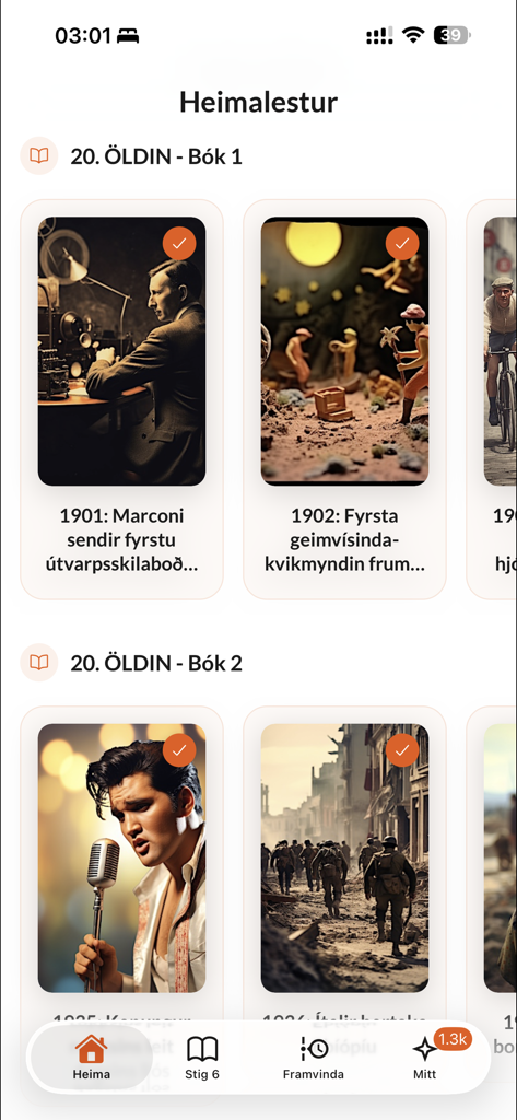 Heimalestur - Oberfläche der Heimalestur-App, die historische Leselektionen und Fortschrittsverfolgung für Schüler anzeigt