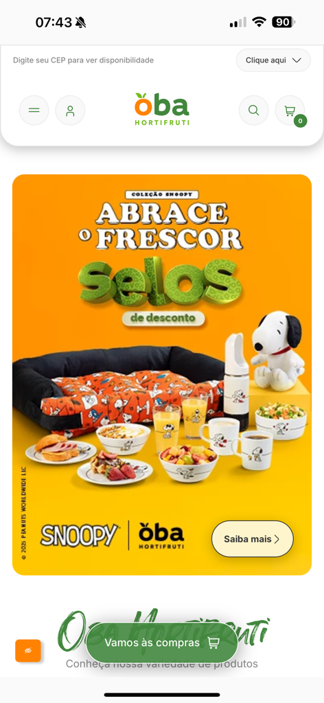 Oba Hortifruti - Oba Hortifruti app home screen featuring a Snoopy collection promotional banner with discount stamps.