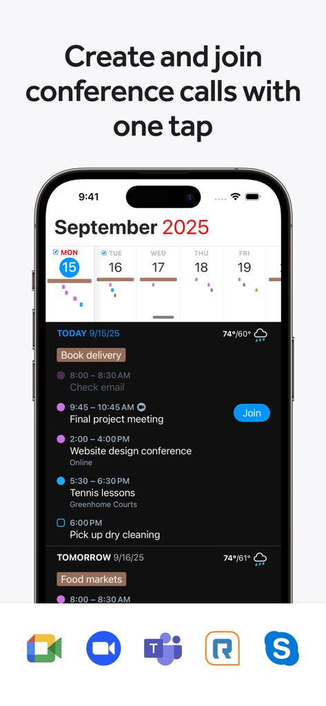 Fantastical Calendar app on iPhone showing a one-tap join button for meetings with conference call icons