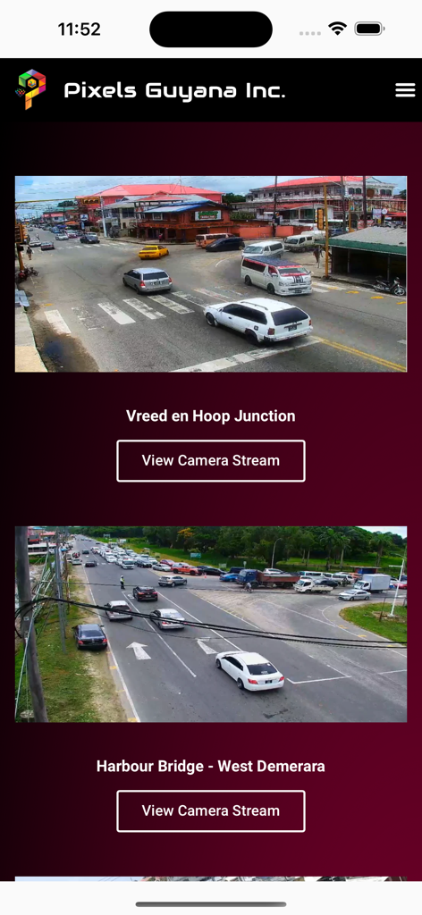 Pixels Guyana Inc. - Live traffic camera feeds for Vreed en Hoop Junction and West Demerara Harbour Bridge in the Pixels Guyana app