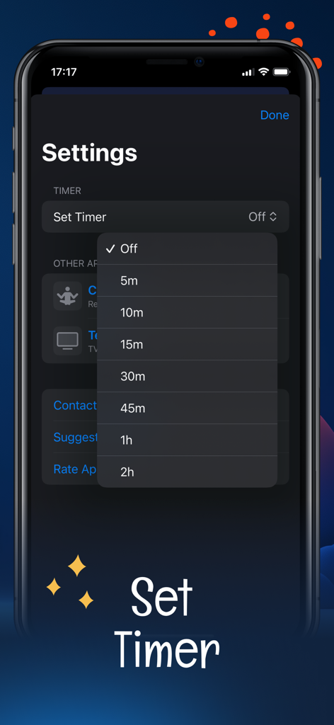 Schermata delle impostazioni nell'app Sleep Sounds che mostra un menu a discesa per selezionare la durata del timer del sonno da 5 minuti a 2 ore.