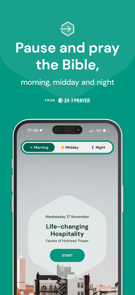 Lectio 365 mobile app home screen with morning midday and night prayer sessions