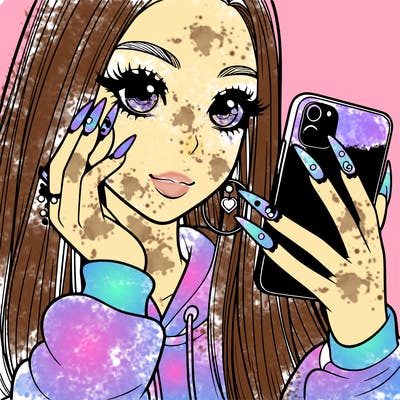a girl with nails holding a phone realistic
