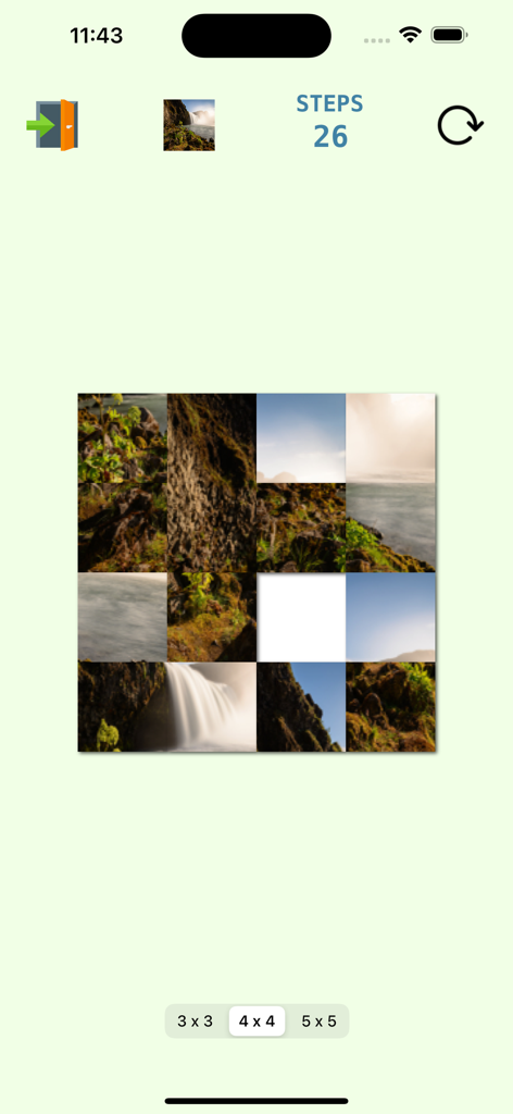 My-Photos - A sliding photo puzzle game interface in the My-Photos app showing a 4x4 grid of a nature image.