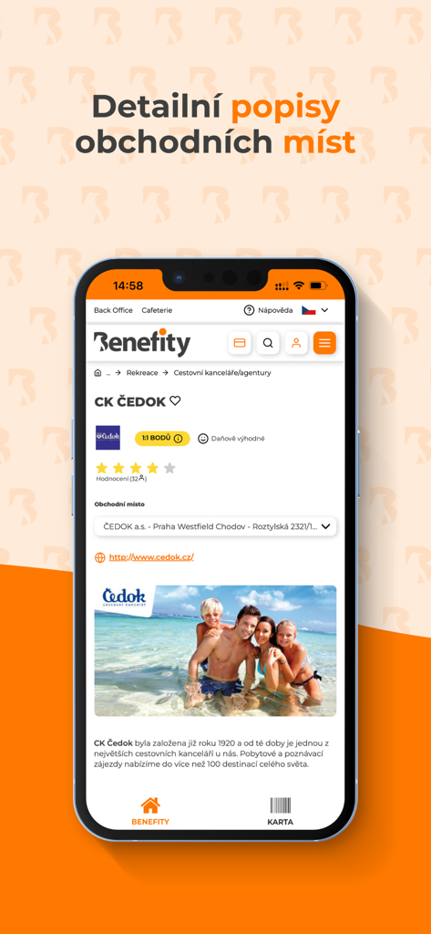 Mobile app interface showing detailed information about a travel agency partner within the Benefity corporate perks system.