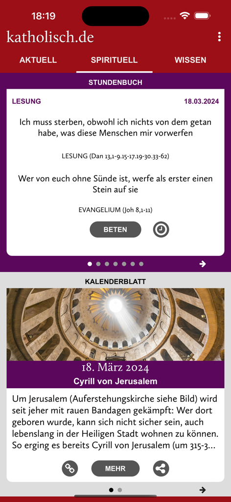 katholisch.de - A seção espiritual do aplicativo katholisch.de apresentando a Liturgia das Horas e um calendário litúrgico para 18 de março