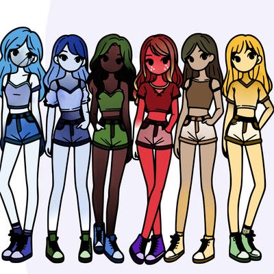 a group of girls wearing crop tops and shorts