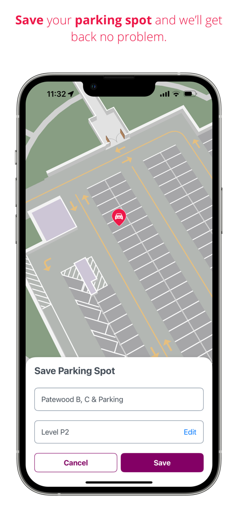 Prisma Health GO - Screenshot of the Prisma Health GO app interface showing the feature to save a car parking location on a hospital campus map