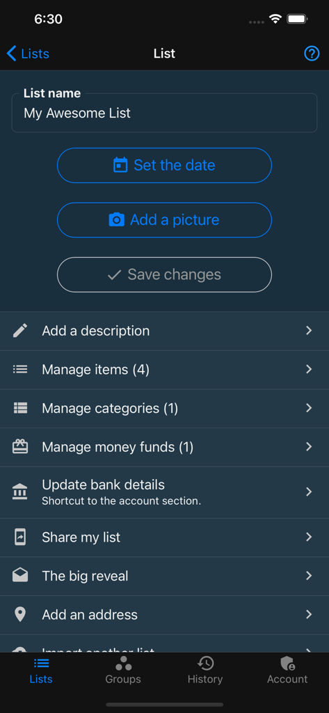 Things To Get Me - A screen for managing a gift wishlist with options to add items set dates and share lists