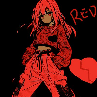 anime teen girl with baggy pants and crop top with sweater