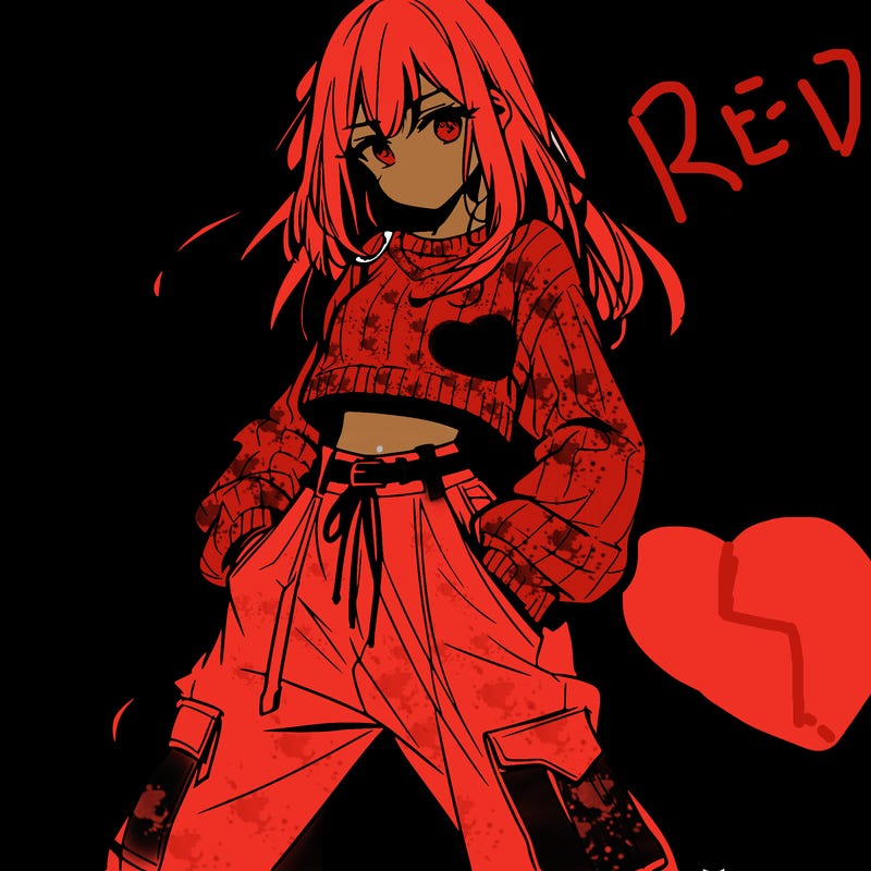 anime teen girl with baggy pants and crop top with sweater